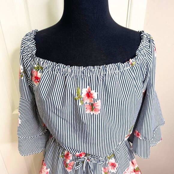 Women's Striped Floral Pattern Mini Dress Off Shoulder Size Large - Picture 4 of 15